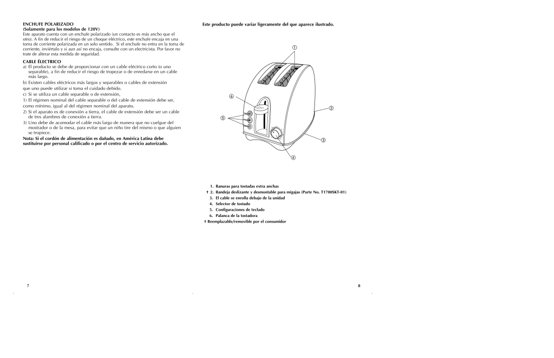 Black & Decker T1700SKT manual Enchufe Polarizado, Cable Électrico 