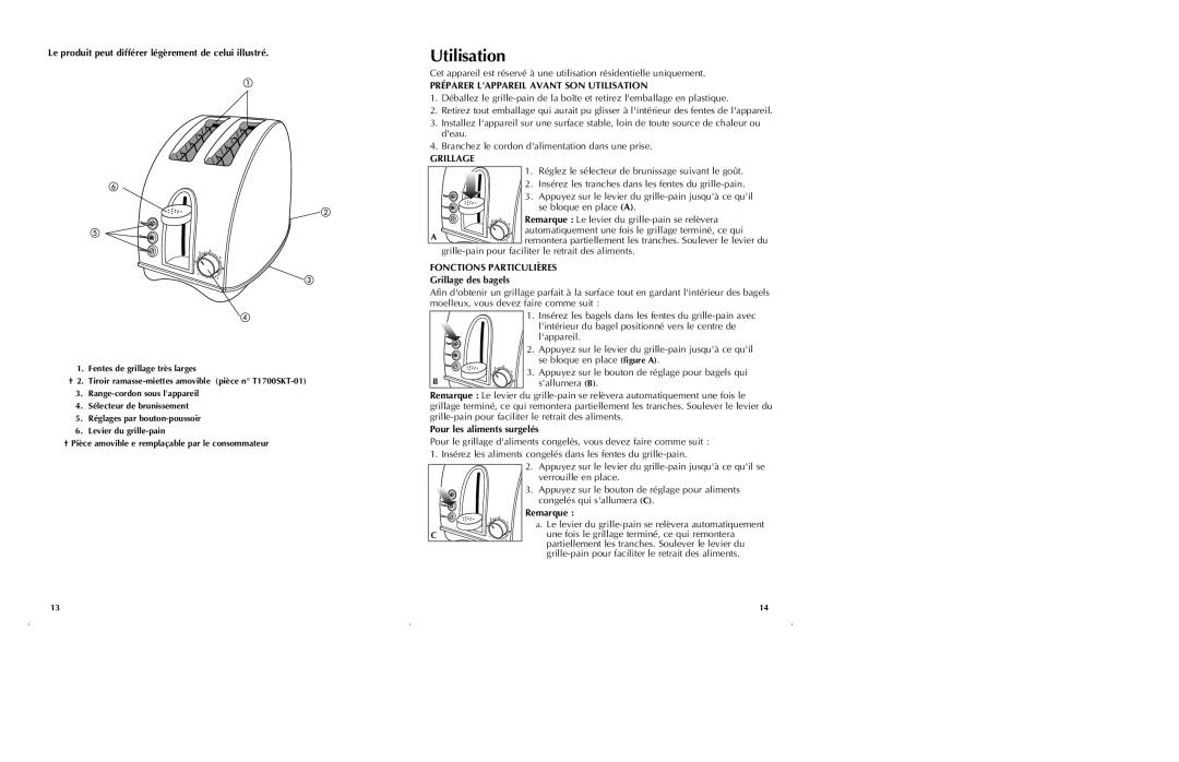 Black & Decker T1700SKT manual Préparer Lappareil Avant SON Utilisation, Grillage, Fonctions Particulières 