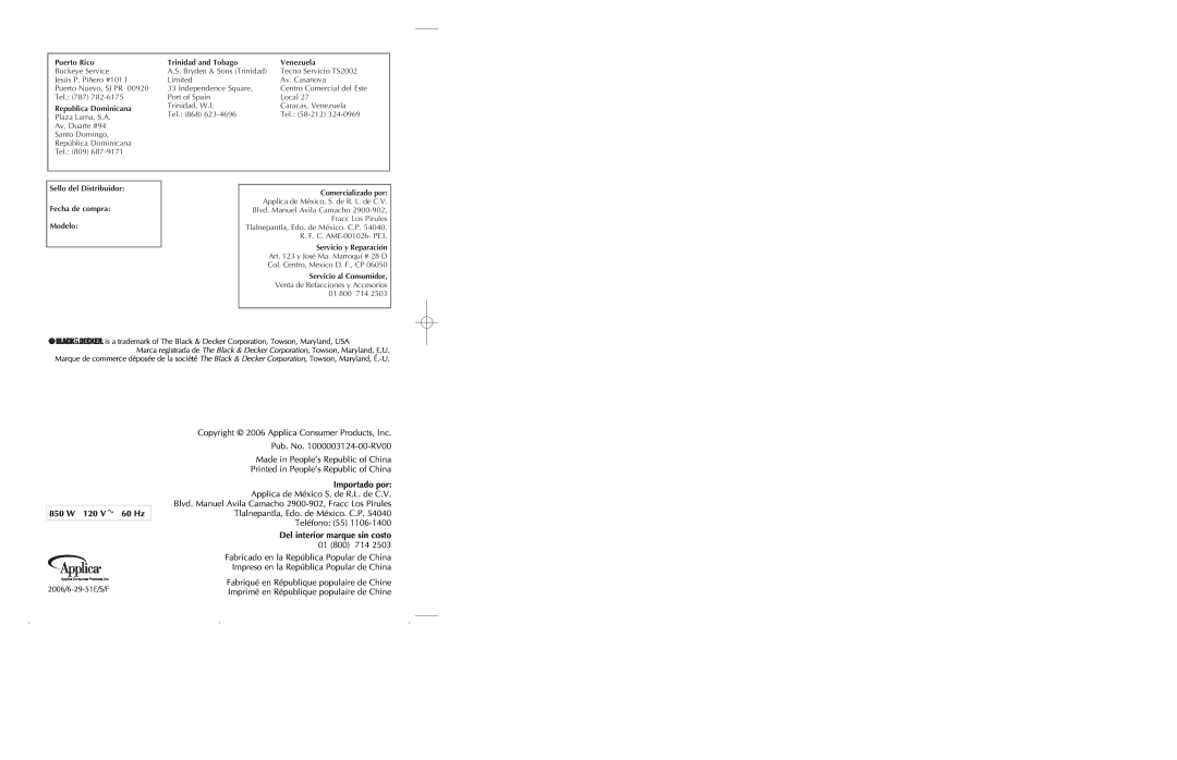 Black & Decker T1700S manual 850 W 120 V 60 Hz, Copyright 2006 Applica Consumer Products, Inc, Pub. No. 1000003124-00-RV00 