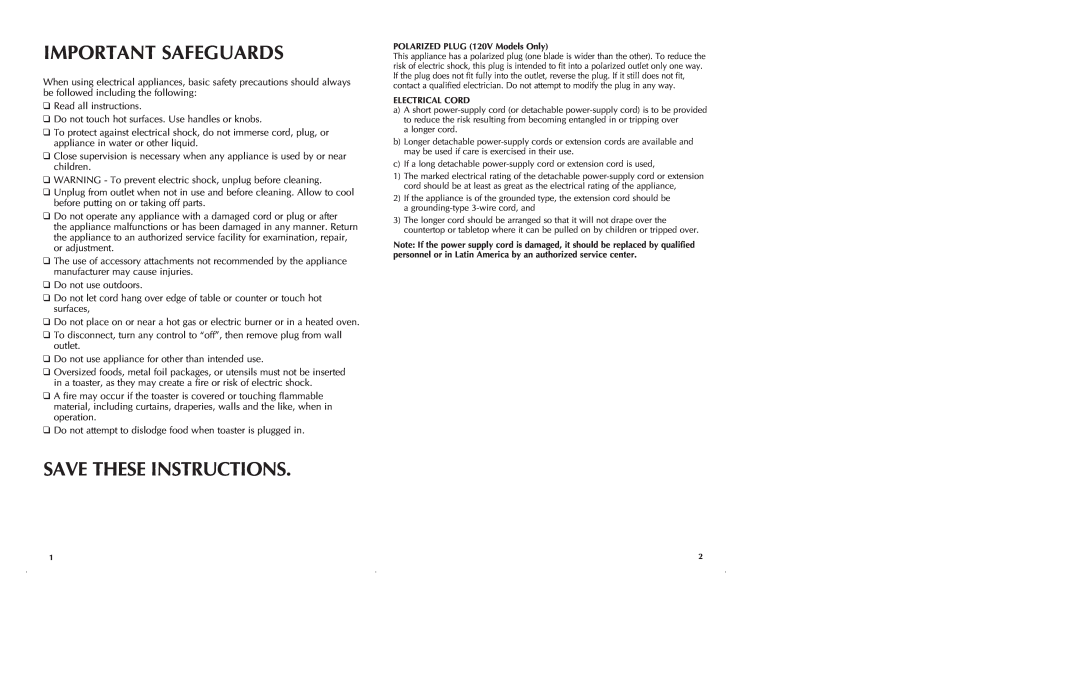 Black & Decker T1700SKT manual Important Safeguards, Save These Instructions 