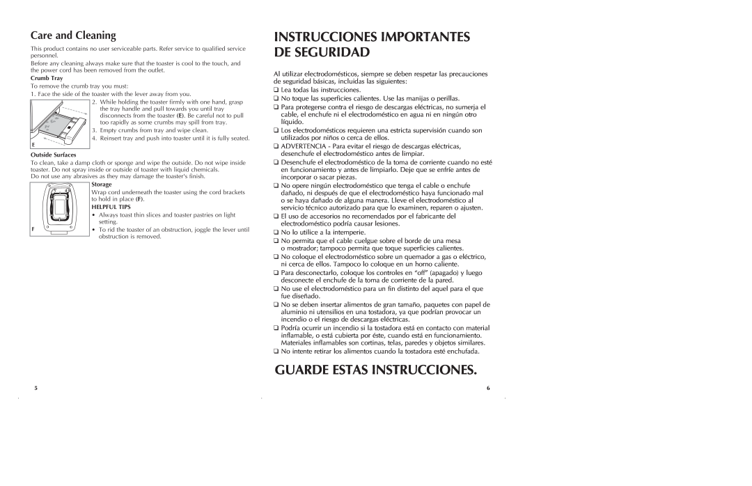 Black & Decker T1700SKT manual Guarde Estas Instrucciones, Care and Cleaning, Instrucciones Importantes De Seguridad 