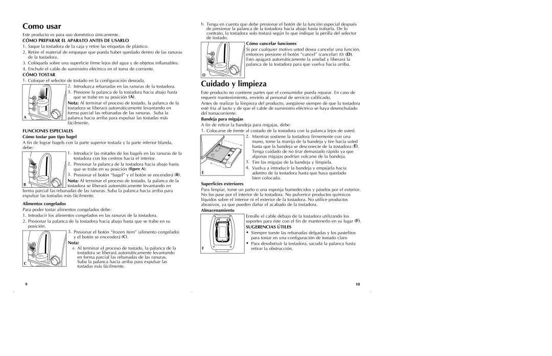 Black & Decker T1700SKT manual Como usar, Cuidado y limpieza, Cómo Preparar El Aparato Antes De Usarlo, Cómo Tostar, Nota 
