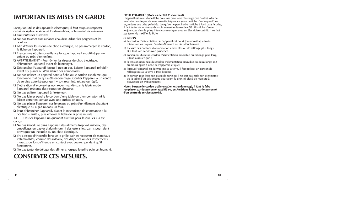 Black & Decker T1700SKT manual Importantes Mises En Garde, Conserver Ces Mesures 