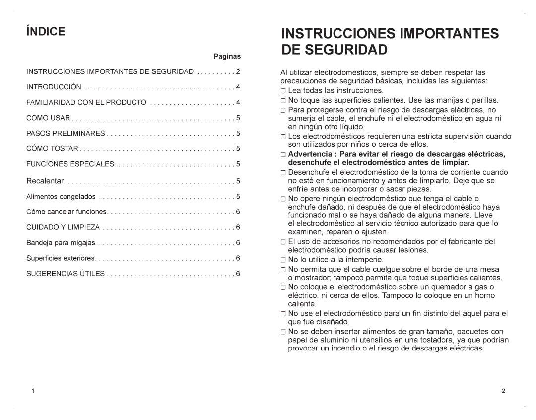 Black & Decker T1701SKT manual Instrucciones Importantes DE Seguridad, Índice, Paginas 