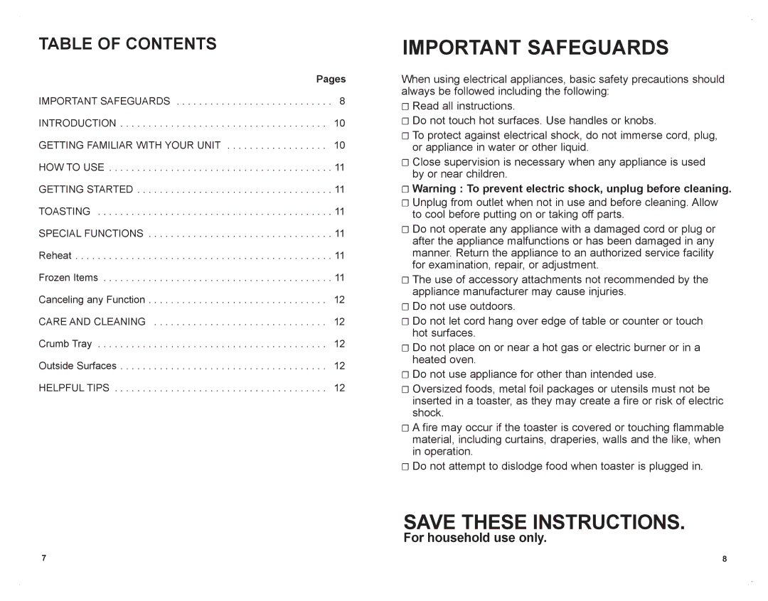 Black & Decker T1701SKT manual Important Safeguards, Table of Contents 