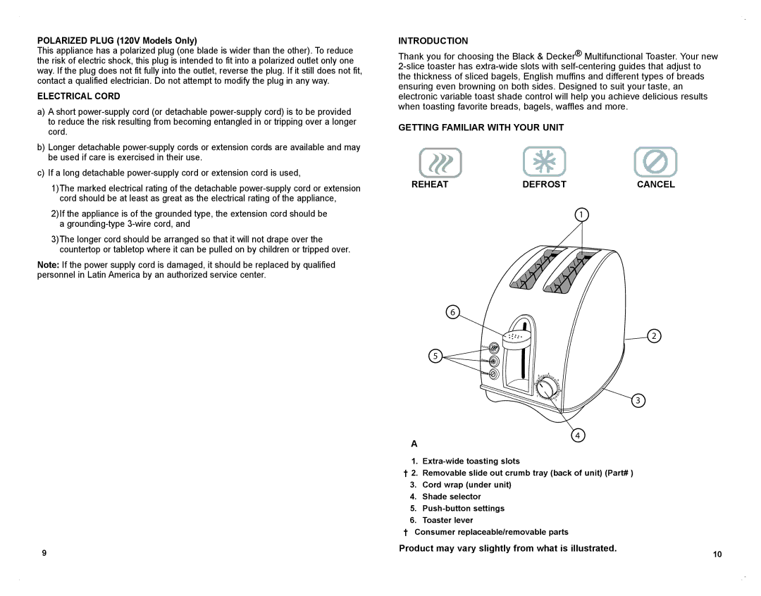 Black & Decker T1701SKT manual Polarized Plug 120V Models Only, Electrical Cord, Introduction 