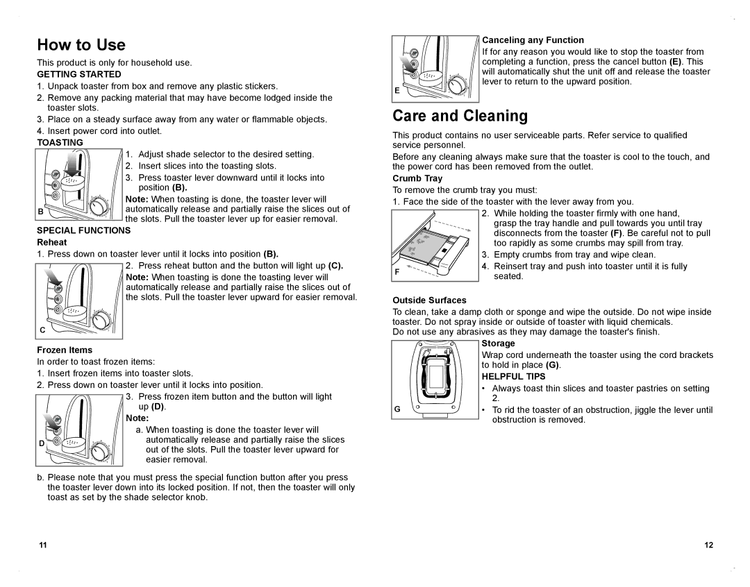 Black & Decker T1701SKT manual Getting Started, Toasting, Special Functions, Helpful Tips 