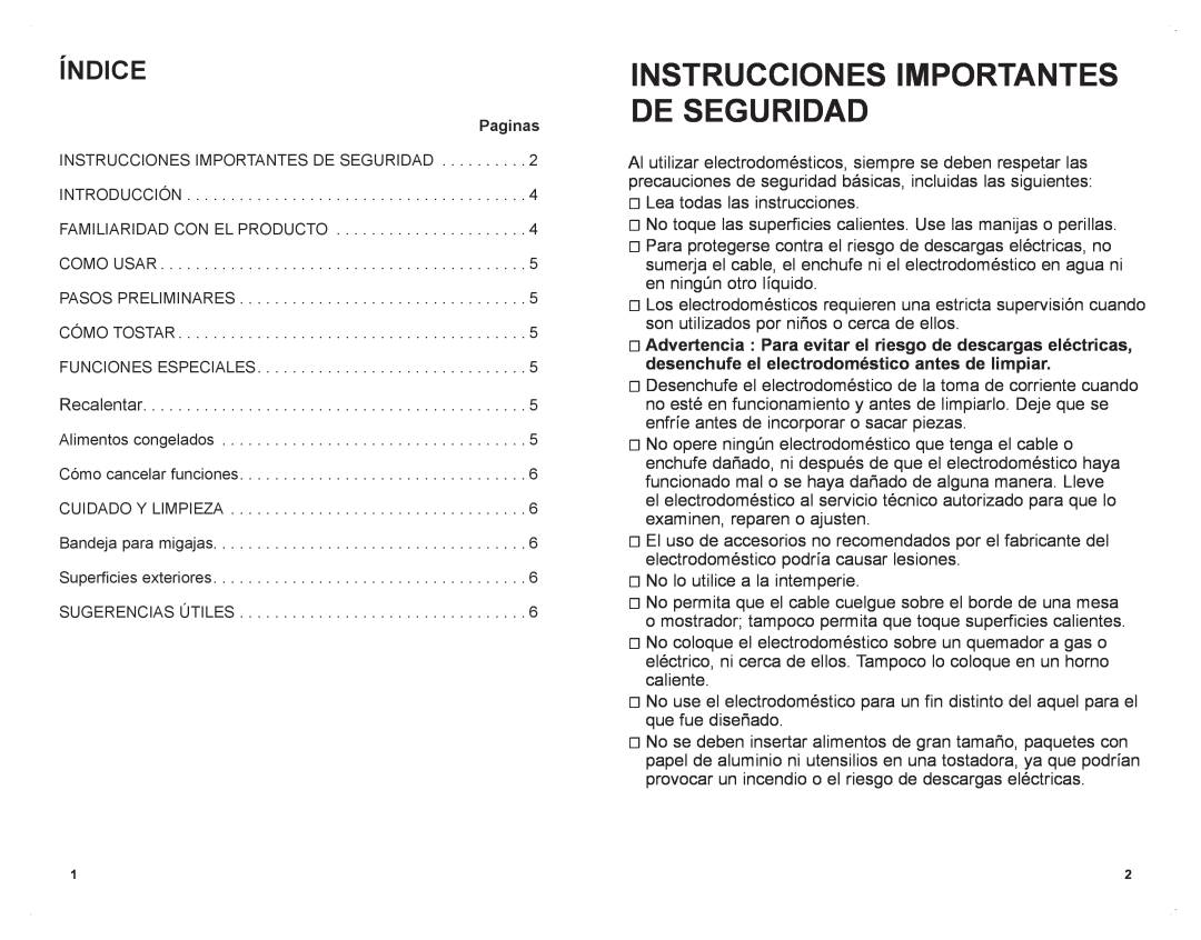 Black & Decker T1701SKT manual Instrucciones Importantes De Seguridad, Índice 