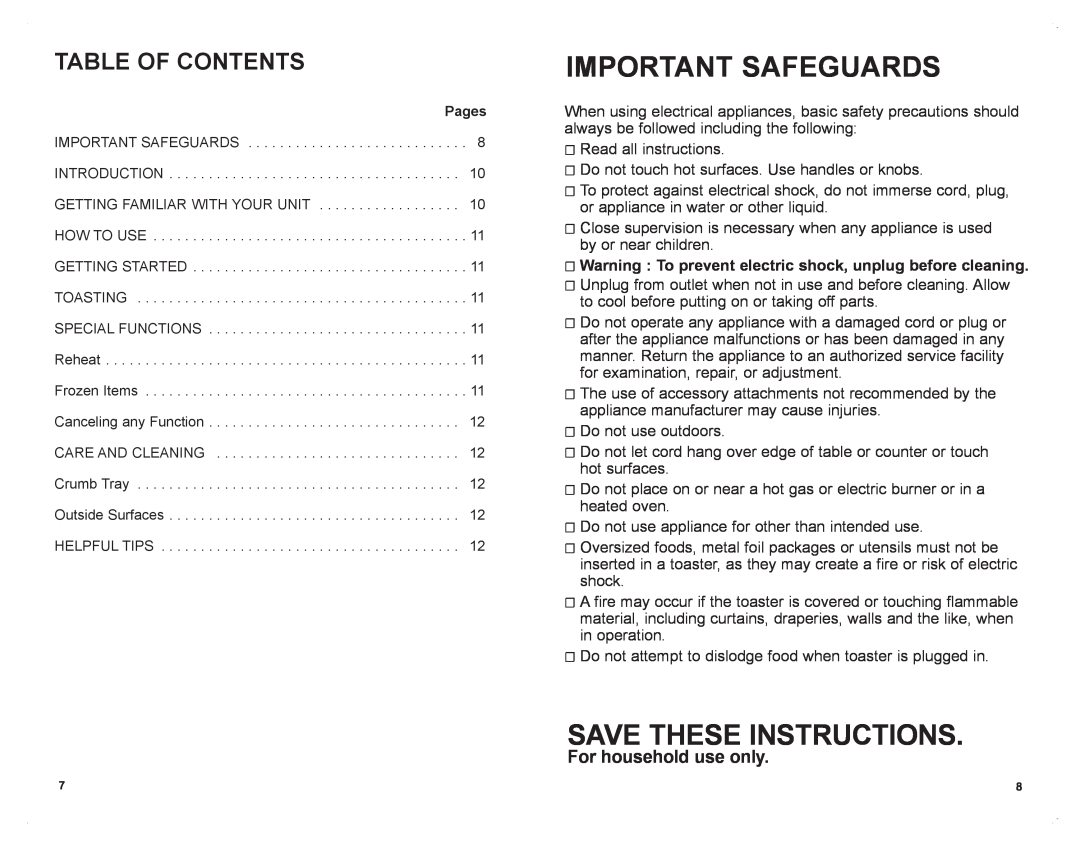 Black & Decker T1701SKT manual Important Safeguards, Save These Instructions, Table Of Contents, For household use only 
