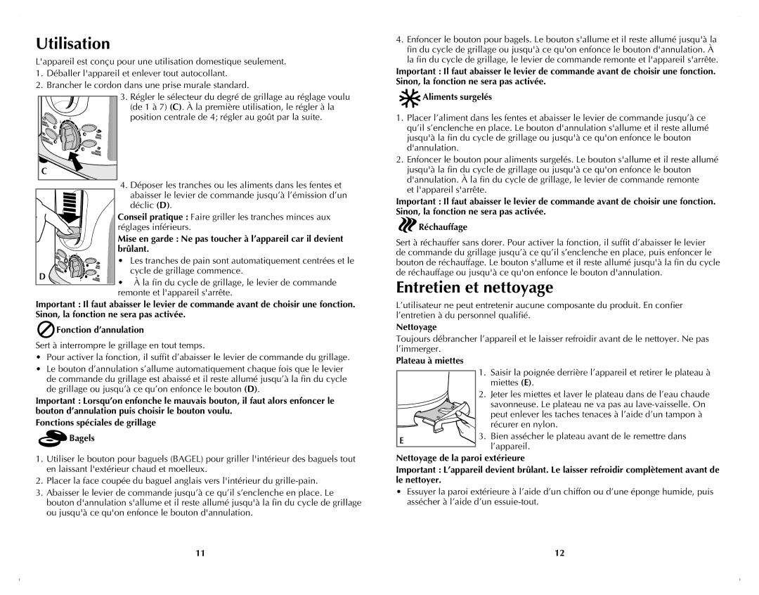 Black & Decker T1900BDC manual Aliments surgelés, Nettoyage, Plateau à miettes 