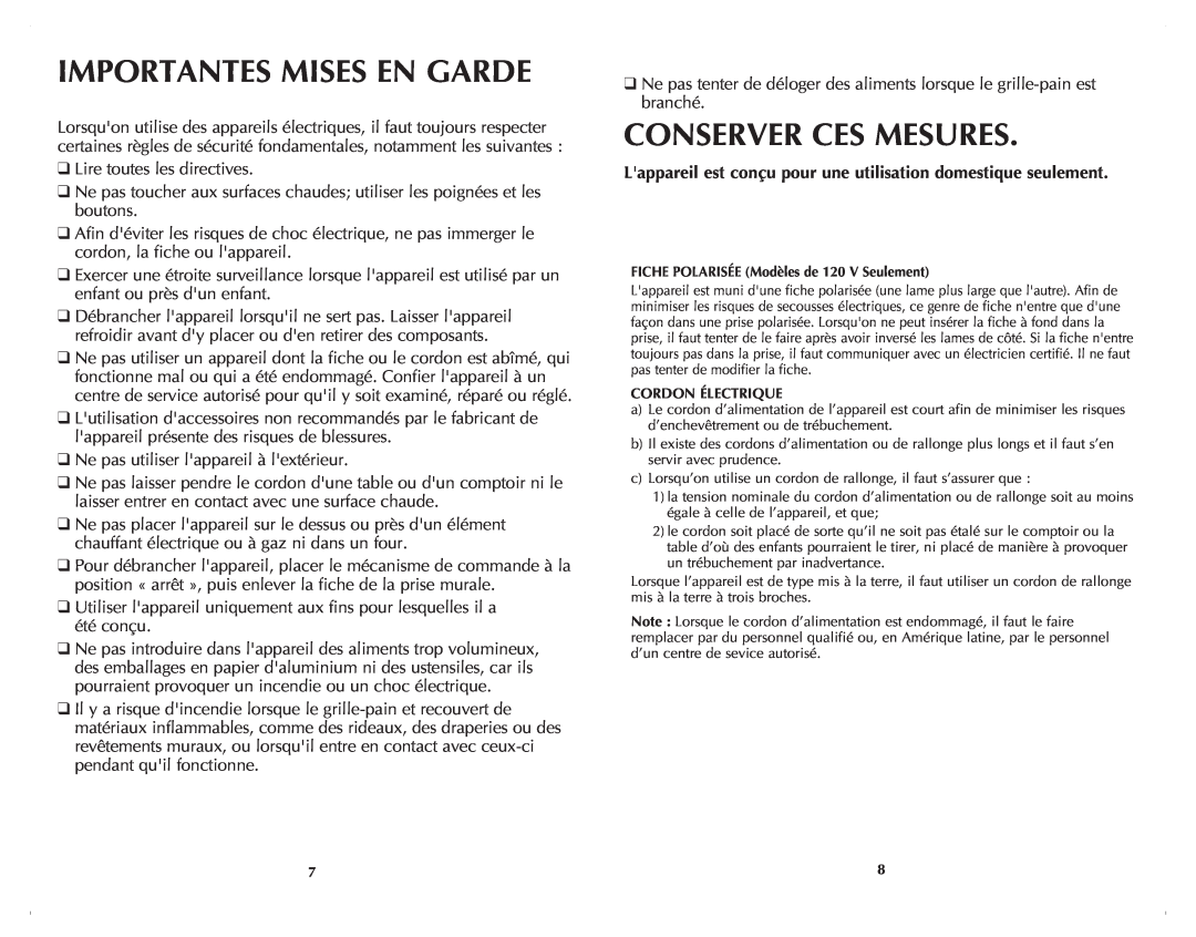 Black & Decker T1900BDC manual Importantes Mises En Garde, Conserver Ces Mesures 