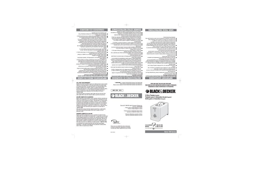 Black & Decker T20 warranty Instructions These Save, Safeguards Important, Mesures Ces Conserver, SliceToaster English 