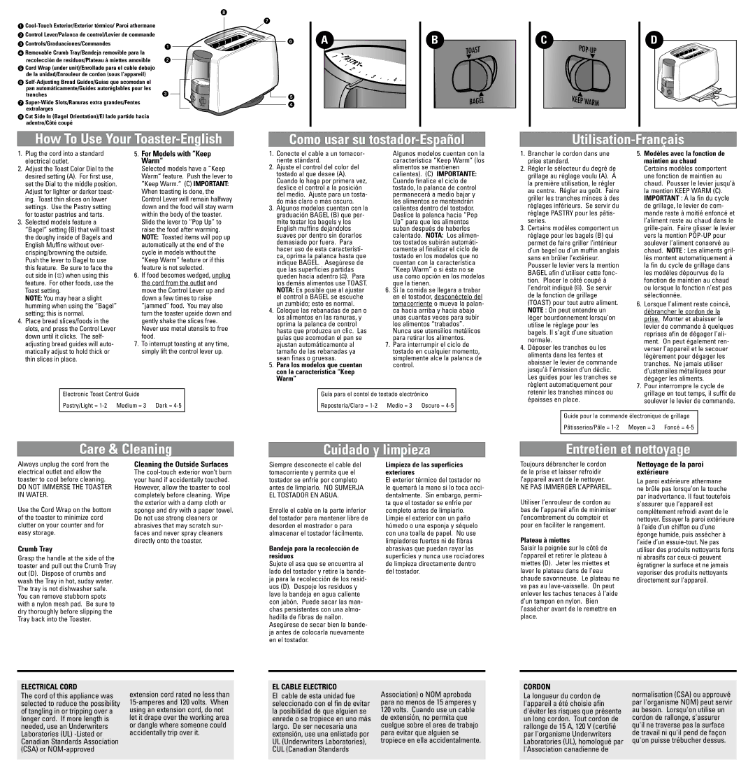 Black & Decker T2200-T2450 warranty Electrical Cord, EL Cable Electrico, Cordon 