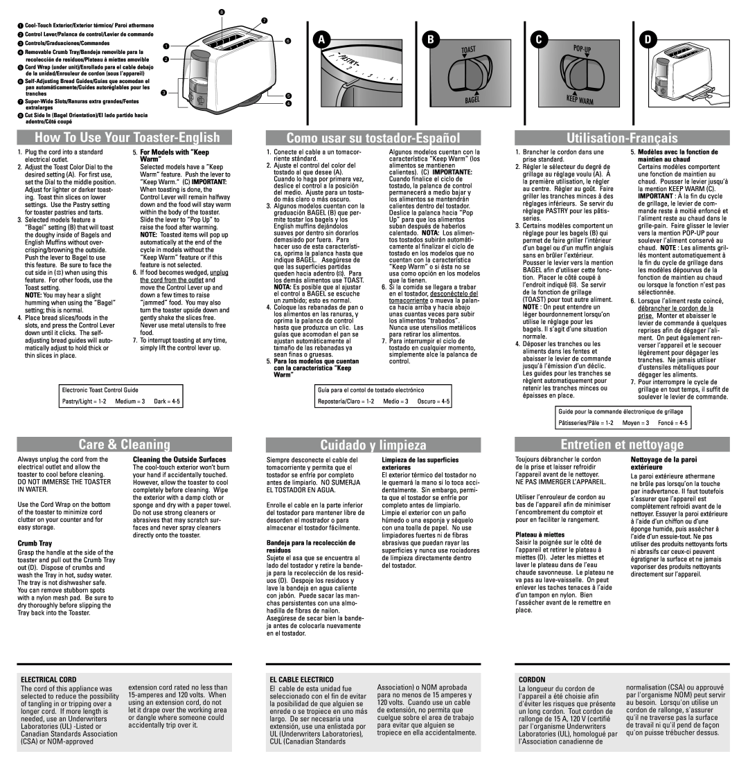 Black & Decker T2200-T2450 How To Use Your Toaster-English, Como usar su tostador-Español, Utilisation-Français, Cordon 
