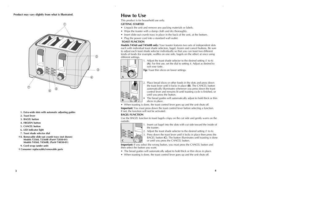 Black & Decker T2560 manual How to Use, Product may vary slightly from what is illustrated, Getting Started, Toast Function 