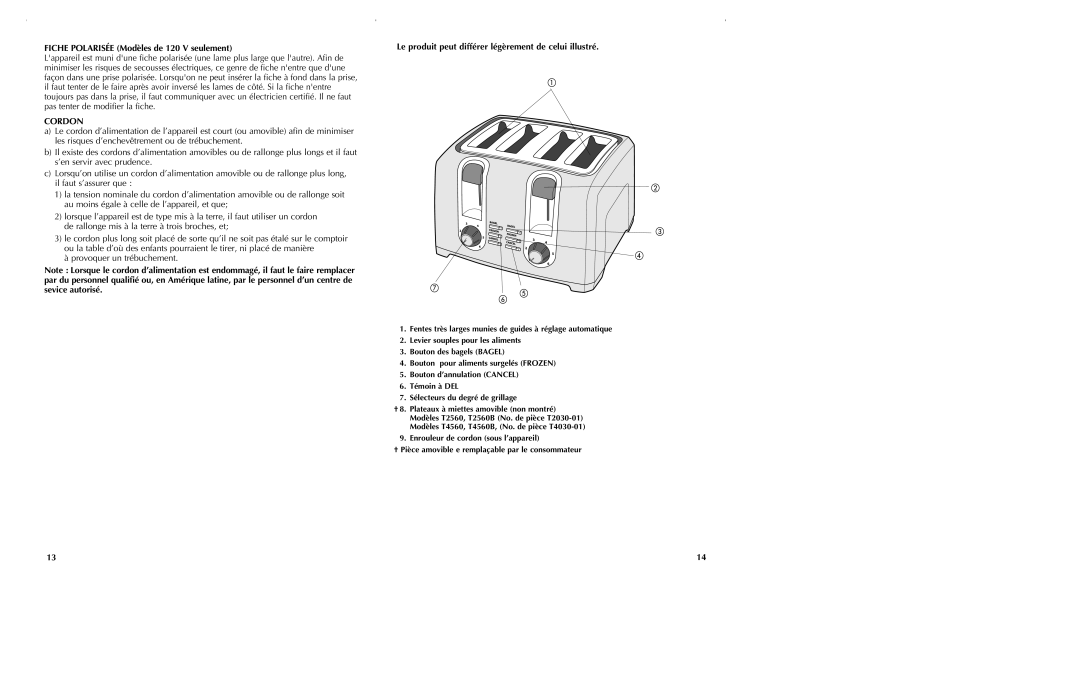 Black & Decker T2560 manual Fiche Polarisée Modèles de 120 V seulement, Cordon 