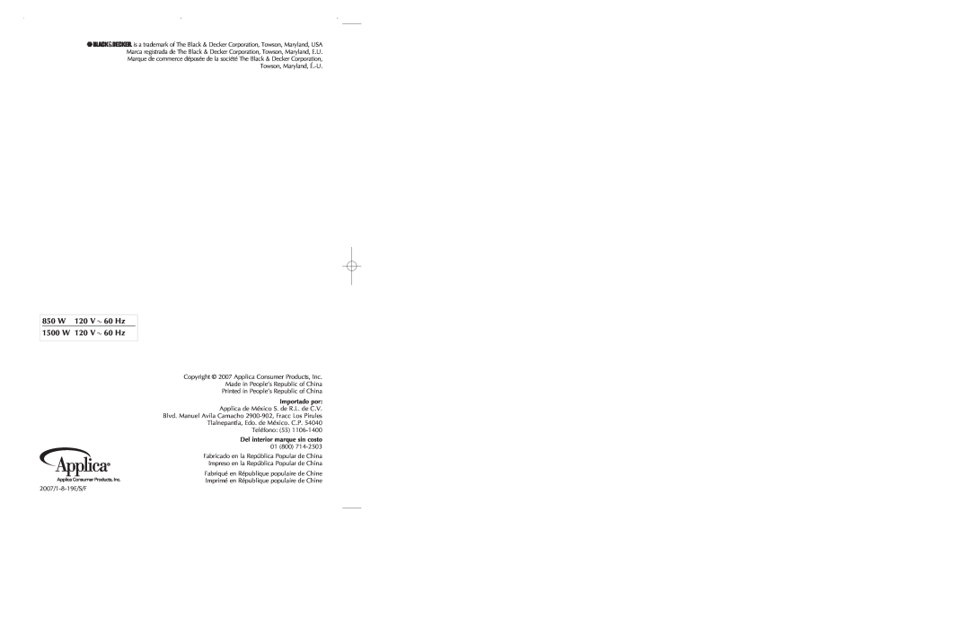 Black & Decker T2560 manual 850 W 120 V 60 Hz 1500 W 120 V 60 Hz, Importado por 