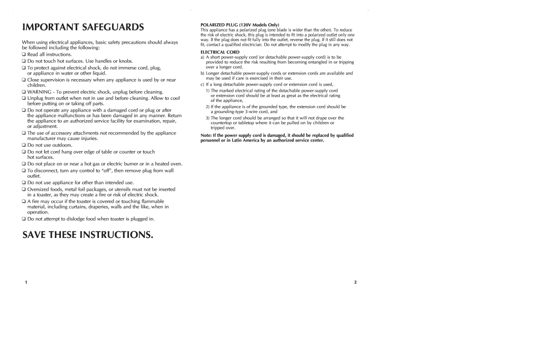 Black & Decker T2560 manual Important Safeguards, Save These Instructions 