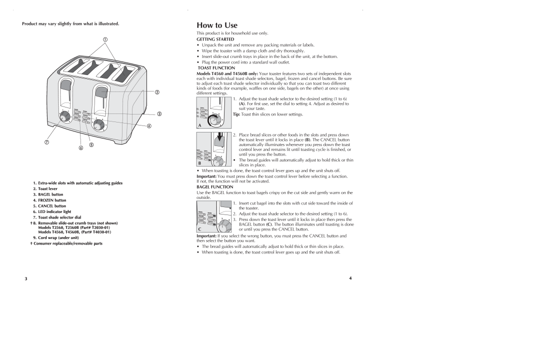 Black & Decker T2560 manual How to Use, Product may vary slightly from what is illustrated, Getting Started, Toast Function 