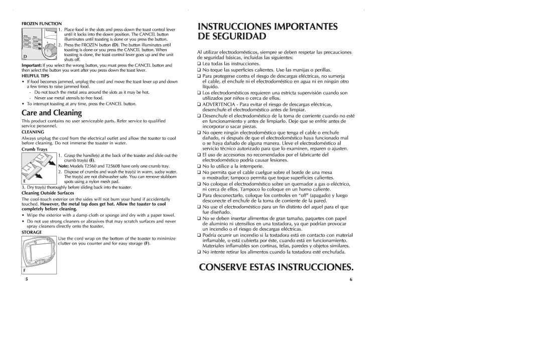 Black & Decker T2560 manual Care and Cleaning, Instrucciones Importantes De Seguridad, Conserve Estas Instrucciones 