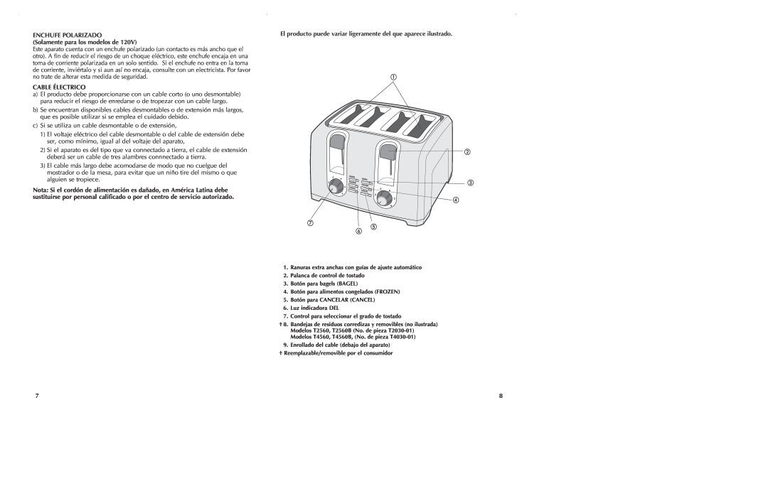 Black & Decker T2560 manual ENCHUFE POLARIZADO Solamente para los modelos de, Cable Électrico 