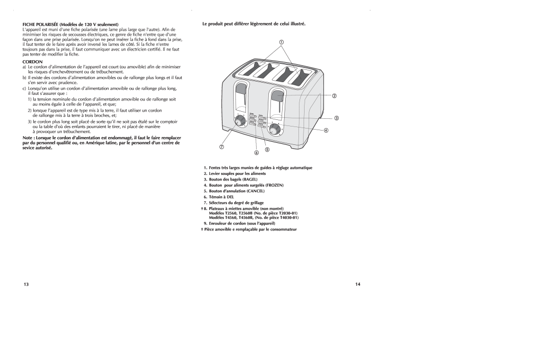 Black & Decker T2560 manual FICHE POLARISÉE Modèles de 120 V seulement, Cordon 