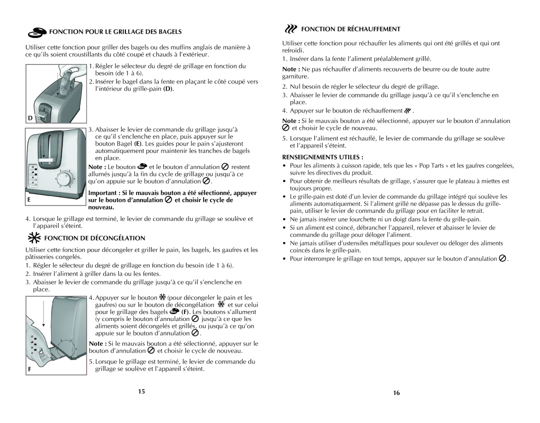 Black & Decker T2707S manual Fonction Pour LE Grillage DES Bagels, Fonction DE Décongélation, Fonction DE Réchauffement 