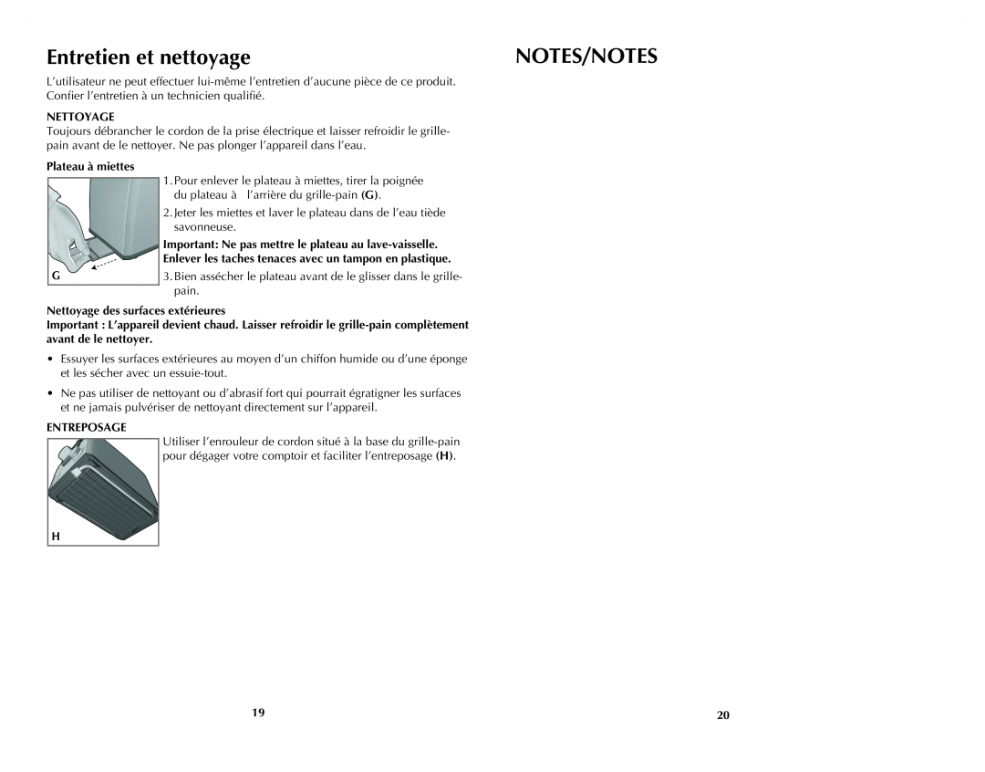 Black & Decker T2707S manual Entretien et nettoyage, Notes/Notes, Nettoyage, Plateau à miettes G, Entreposage 