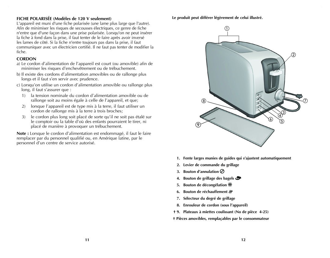 Black & Decker T2707S manual   , Fiche polarisée Modèles de 120 V seulement, Cordon 
