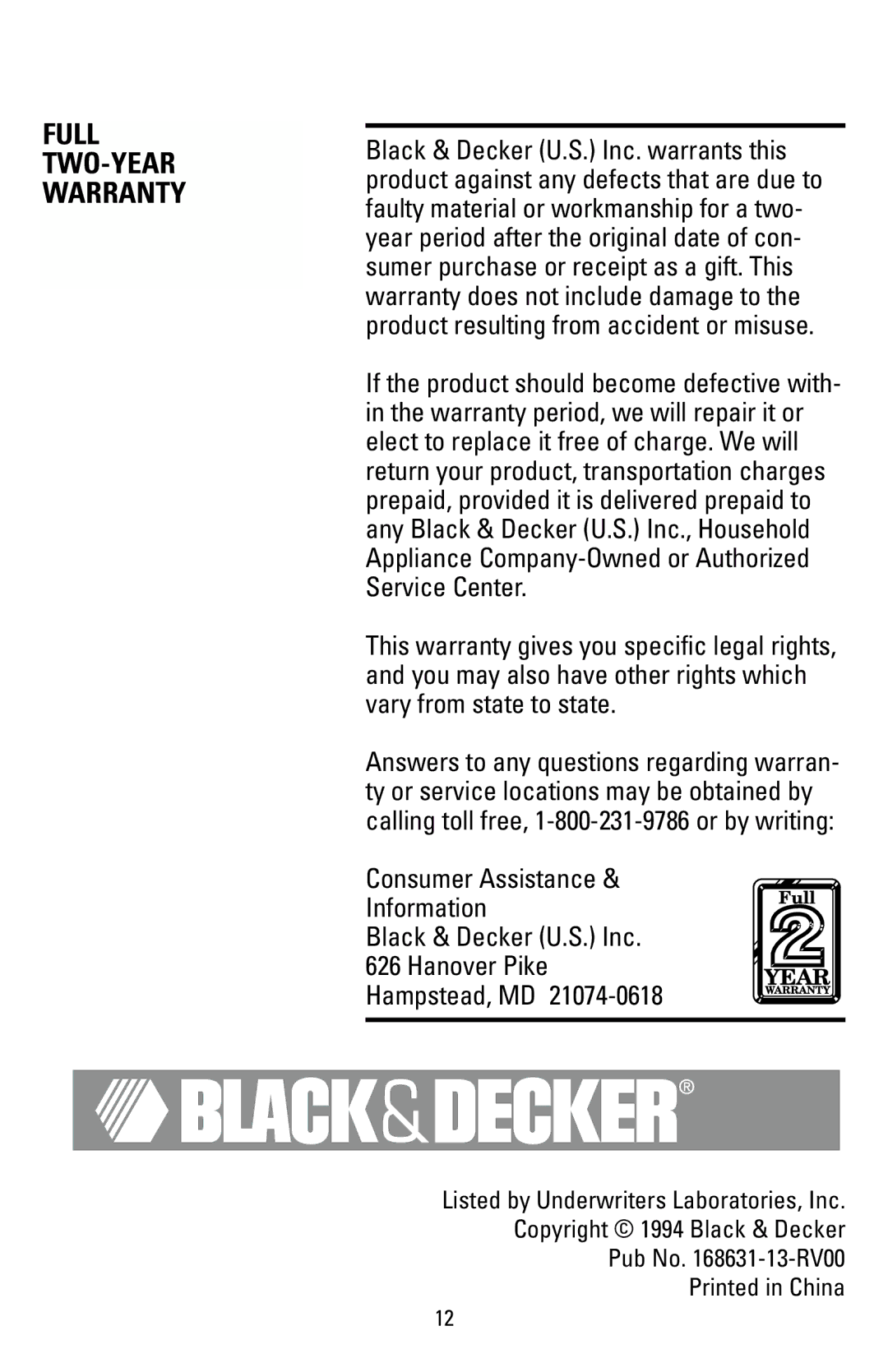 Black & Decker T271, T270 manual Full TWO-YEAR Warranty 