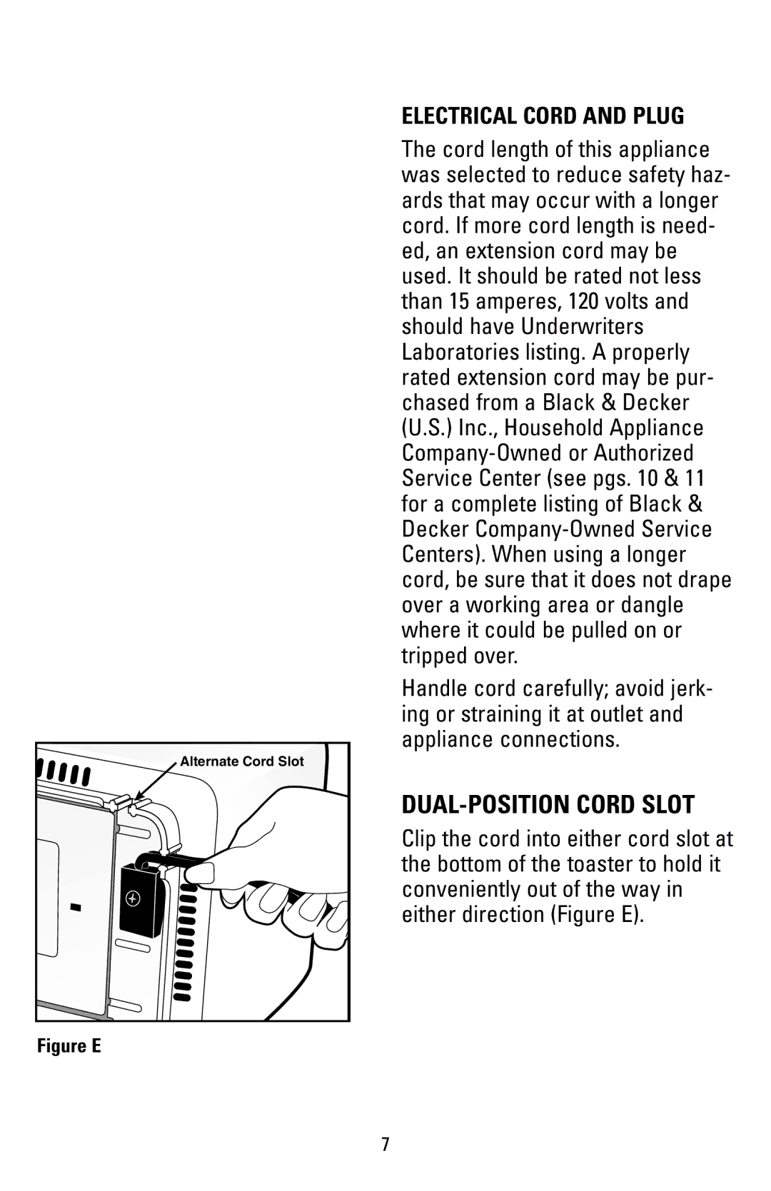 Black & Decker T270, T271 manual DUAL-POSITION Cord Slot, Electrical Cord and Plug 