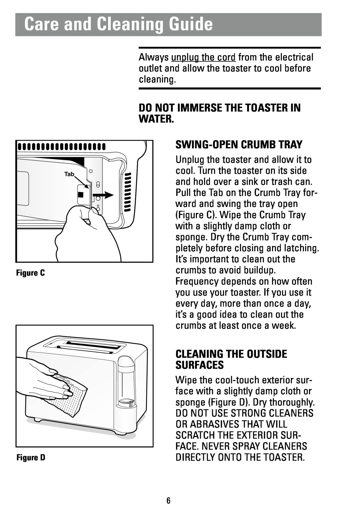 Black & Decker T271, T270 manual Care and Cleaning Guide, Do Not Immerse The Toaster In Water, Swing-Opencrumb Tray 