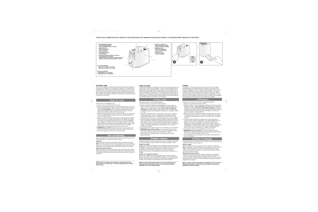 Black & Decker T4000-T4150, T2000-T2150 Crumb Tray, Cleaning the Outside Surfaces, Bandeja de residuos, Plateau à miettes 