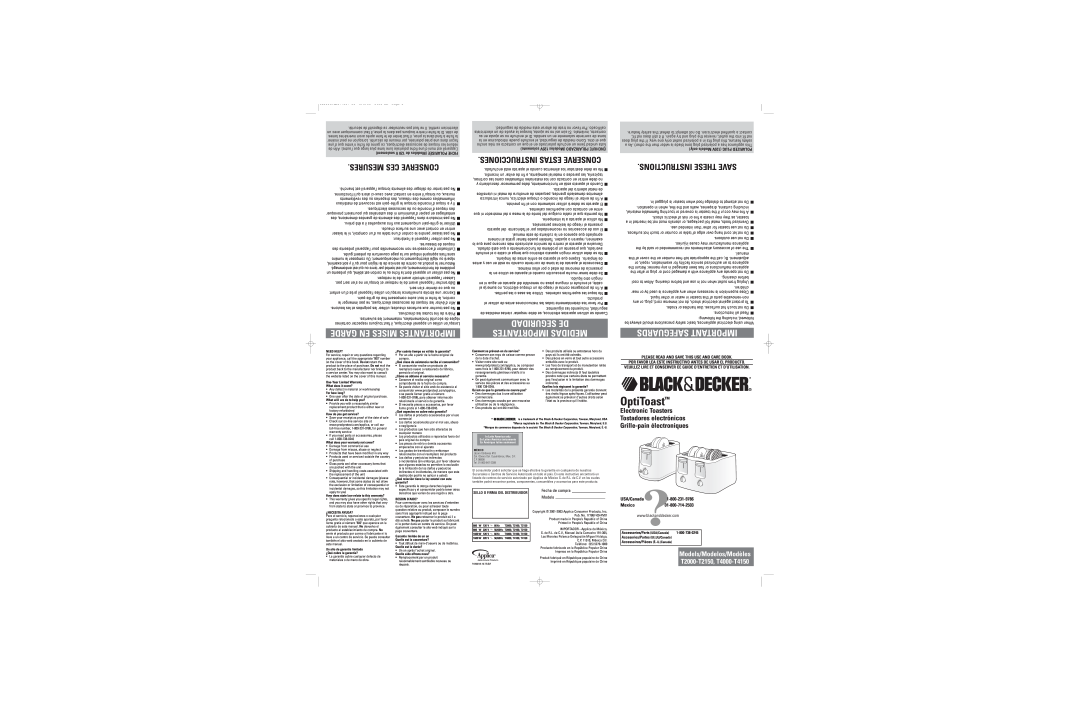 Black & Decker T2000-T2150 dimensions Seguridad De Importantes Medidas, Safeguards Important, OptiToast, USA/Canada 
