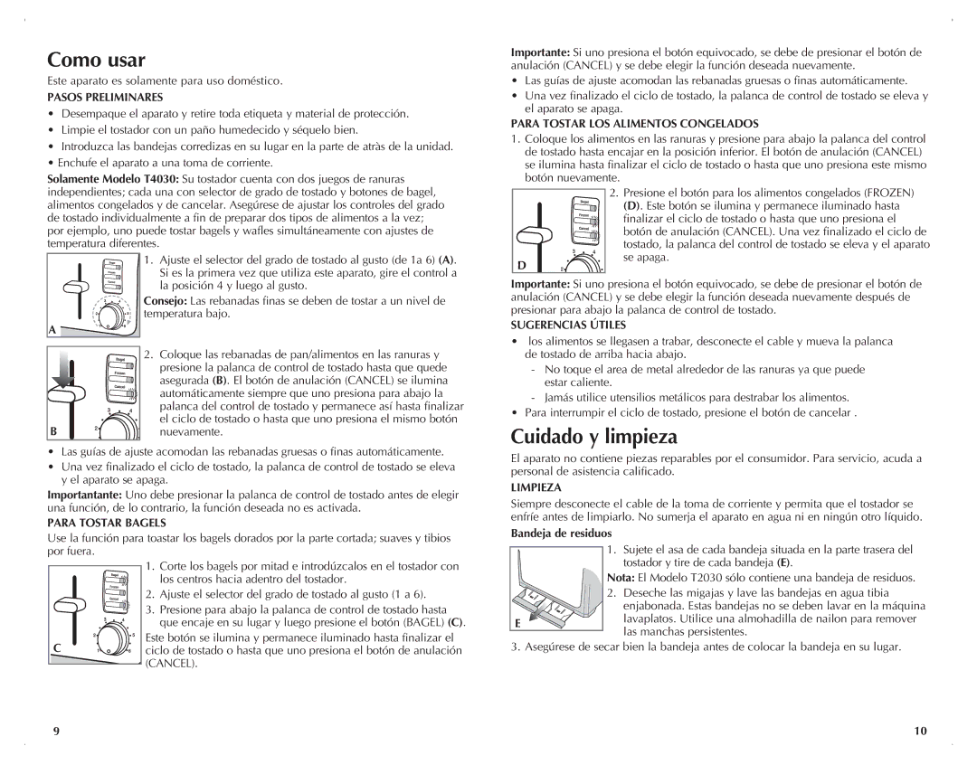 Black & Decker T4030, T2030 manual Como usar, Cuidado y limpieza 