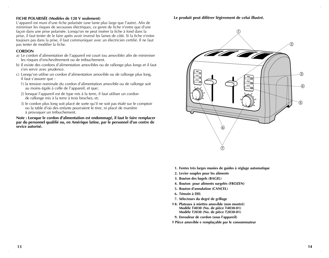 Black & Decker T4030, T2030 manual Fiche Polarisée Modèles de 120 V seulement, Cordon 