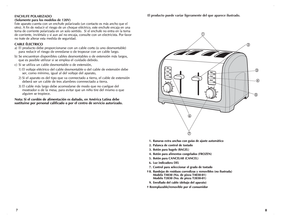 Black & Decker T2030, T4030 manual ENCHUFE POLARIZADO Solamente para los modelos de, Cable Électrico 