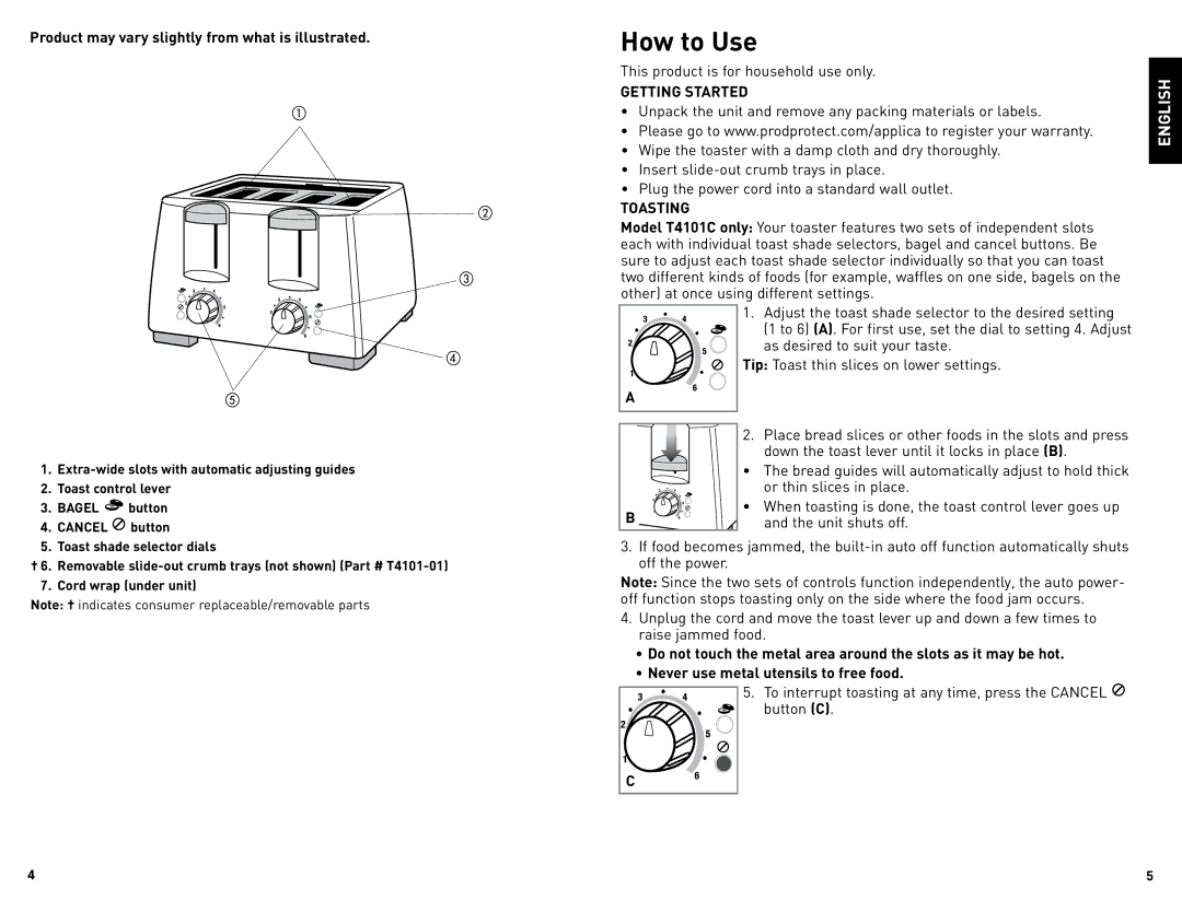 Black & Decker T2101C, T4101C manual How to Use, Getting Started, Toasting 