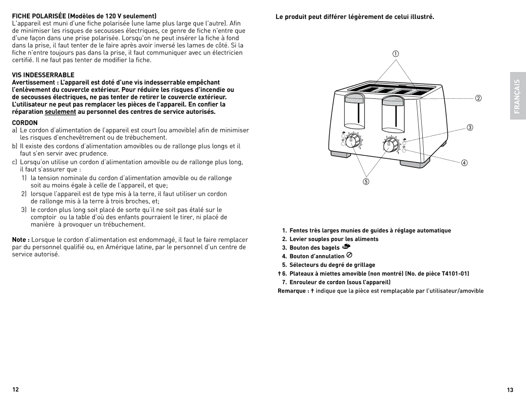 Black & Decker T2101C, T4101C manual Fiche Polarisée Modèles de 120 V seulement, VIS Indesserrable, Cordon 