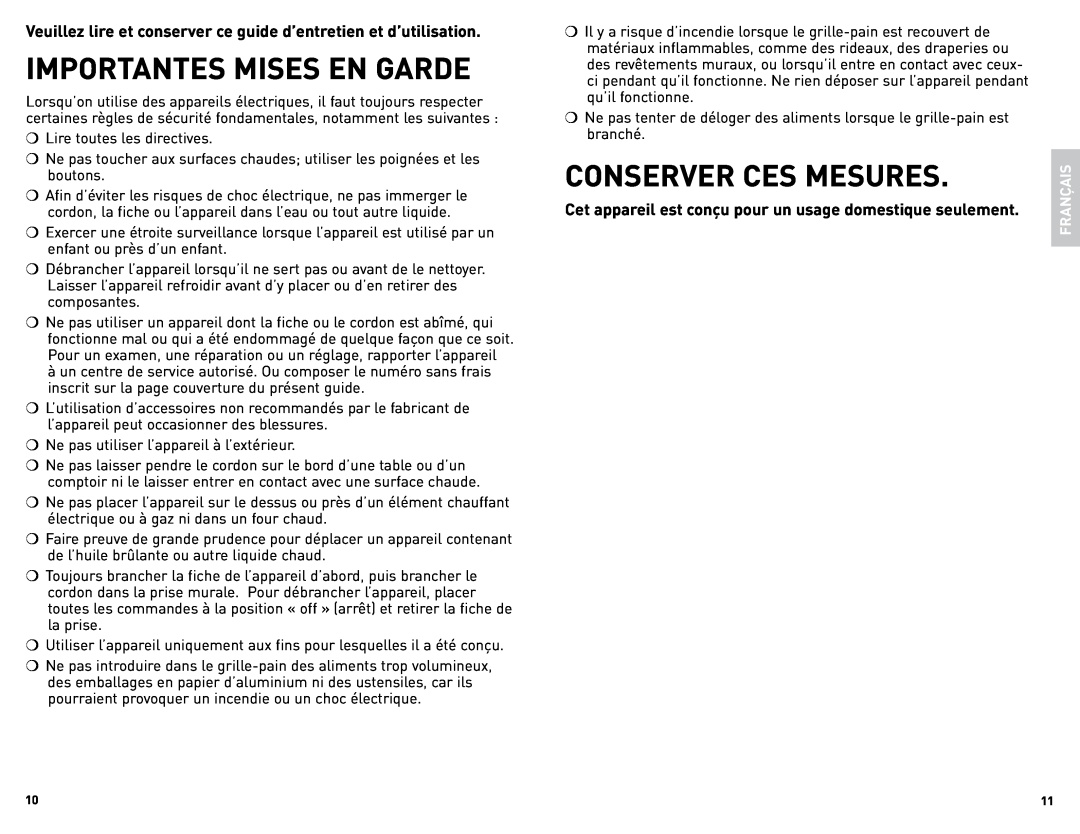 Black & Decker T4101C, T2101C manual Importantes Mises En Garde, Conserver Ces Mesures, Français 