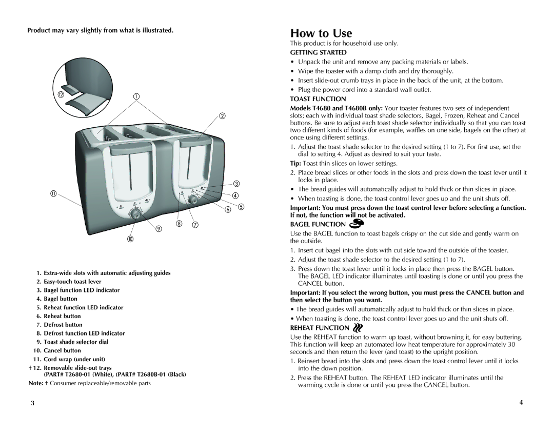 Black & Decker T4680B, T2680B manual How to Use, Getting Started, Toast Function, Bagel Function, Reheat Function 
