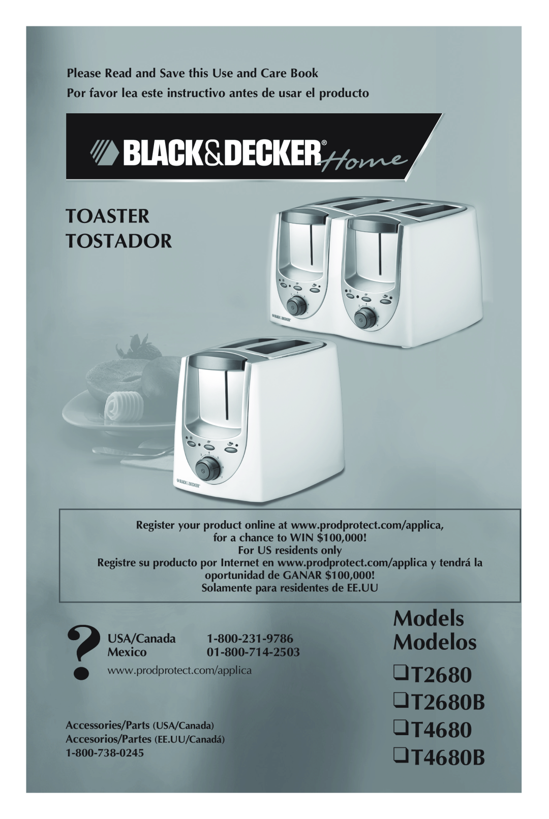 Black & Decker manual T2680 T2680B T4680 T4680B, Models Modelos, Toaster Tostador, USA/Canada Mexico 