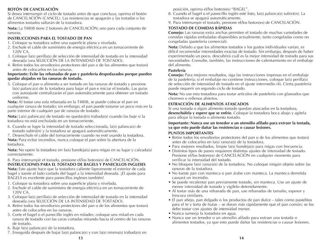 Black & Decker T4808, T2808 manual Botón DE Cancelación, Instrucciones Para EL Tostado DE PAN, Tostado DE Comidas Rápidas 