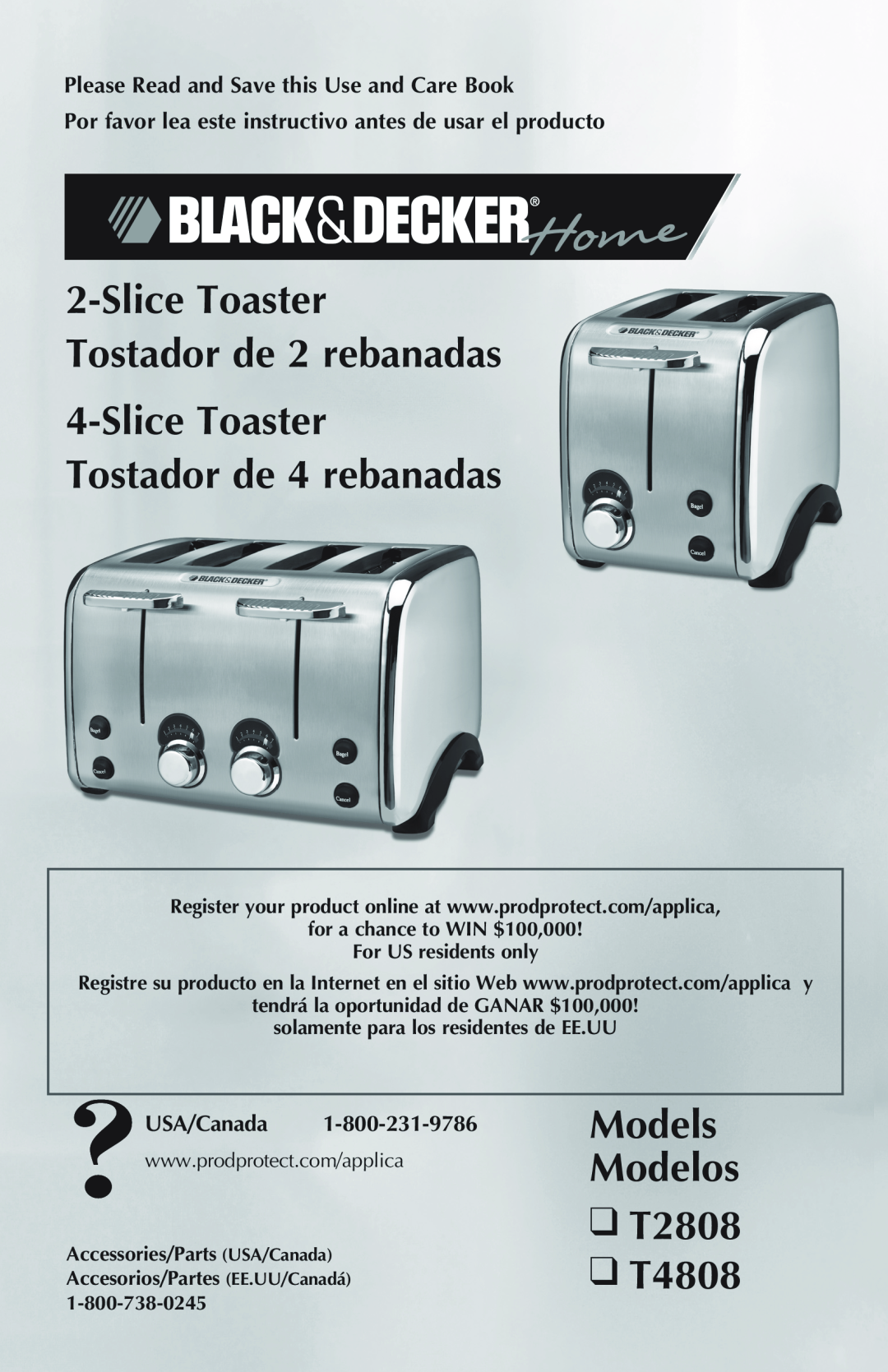 Black & Decker manual T2808 T4808, Models Modelos, Slice Toaster Tostador de 2 rebanadas, USA/Canada 