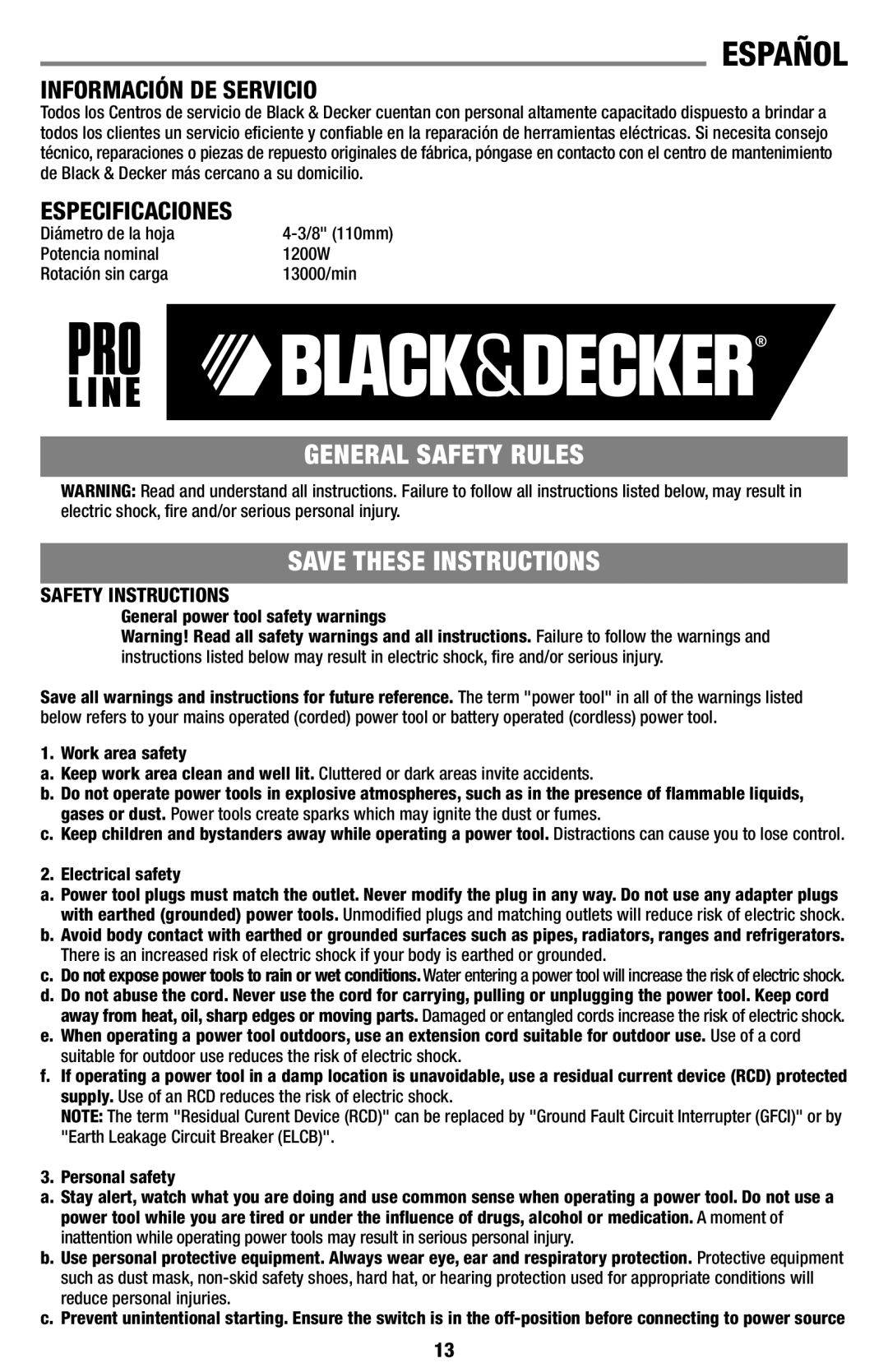 Black & Decker TC1100, TC1200 General Safety Rules, Información DE Servicio, Especificaciones, Safety Instructions 