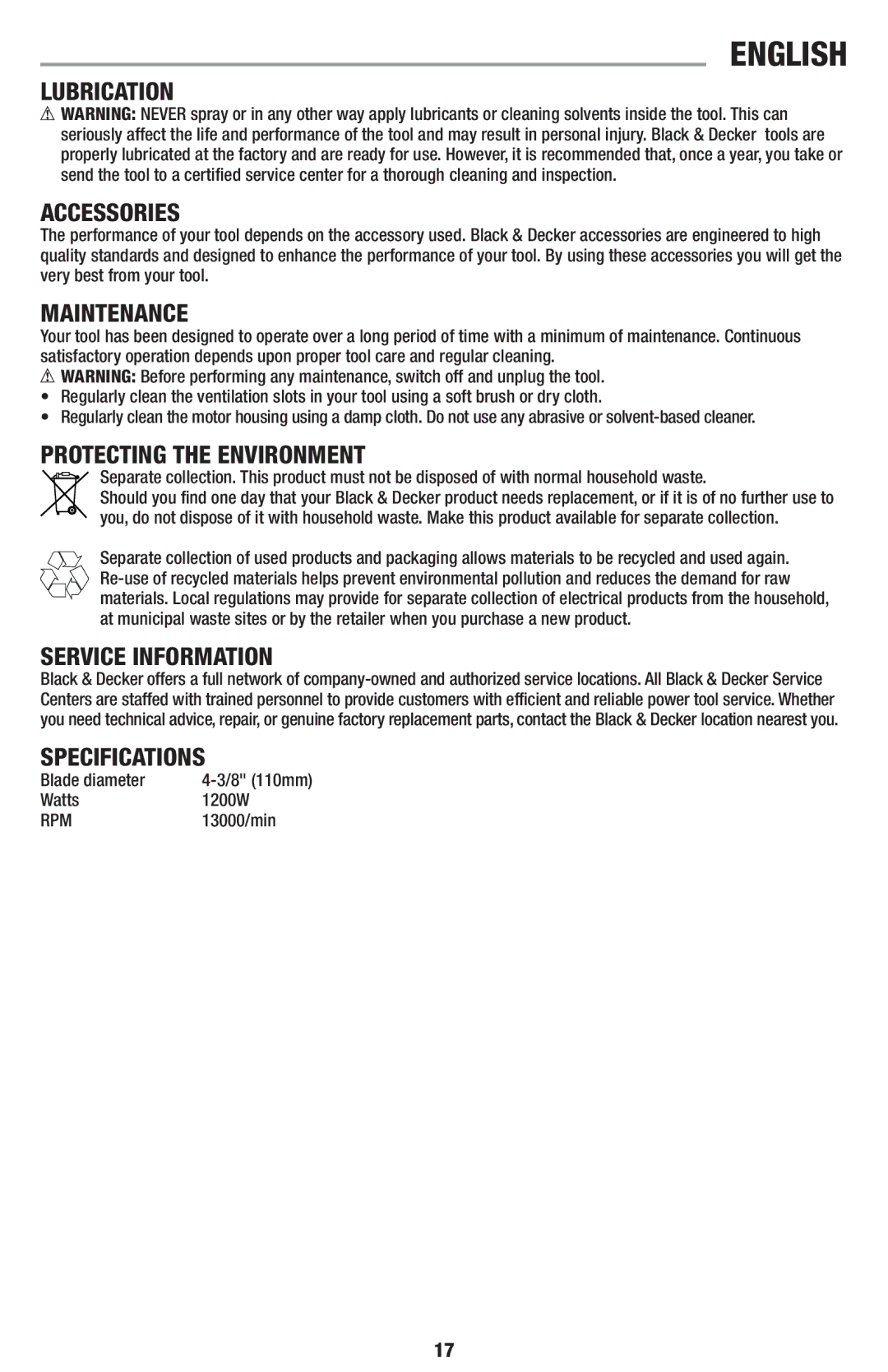 Black & Decker TC1100, TC1200 Lubrication Accessories, Maintenance, Protecting the Environment, Service Information 