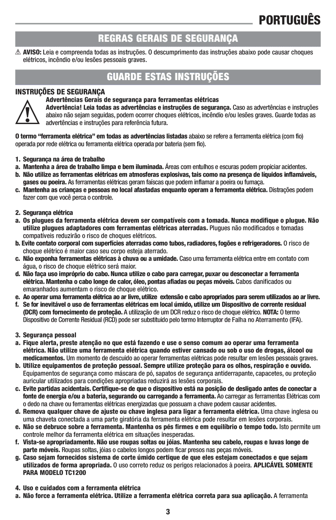 Black & Decker TC1100 Regras Gerais DE Segurança, Guarde Estas Instruções, Instruções DE Segurança, Segurança pessoal 