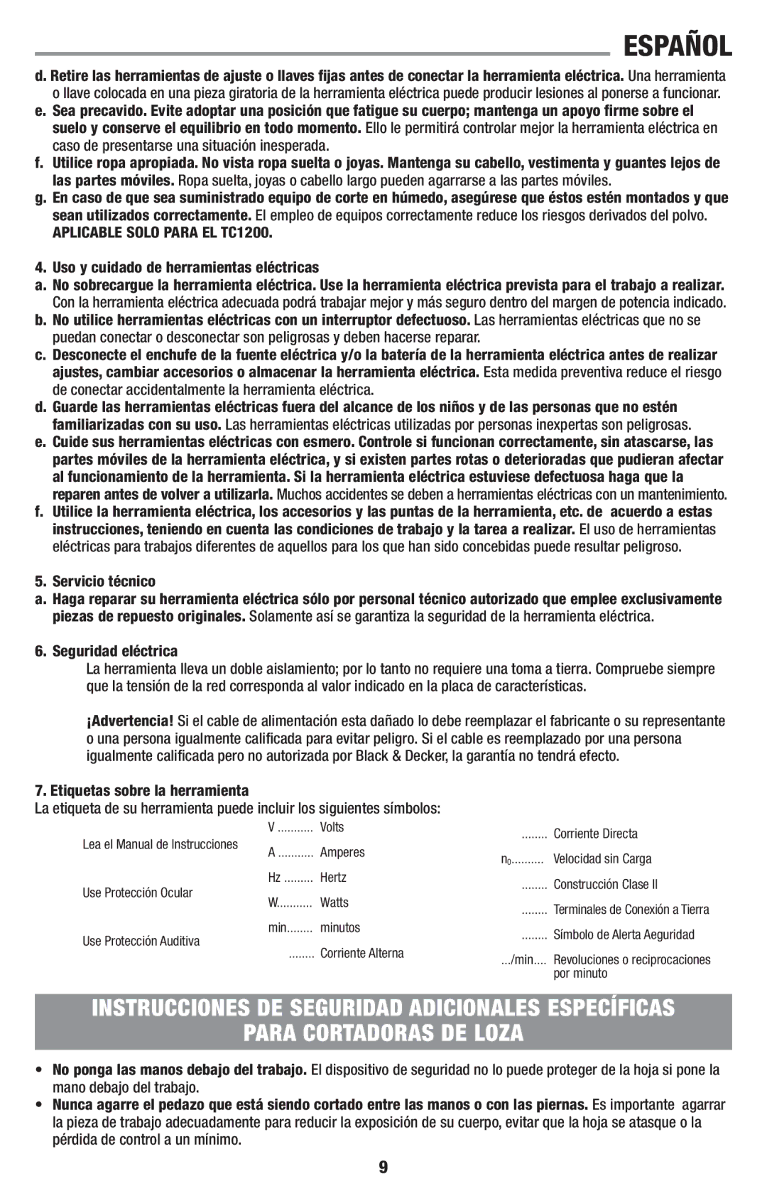 Black & Decker TC1100, TC1200 instruction manual Para Cortadoras DE Loza, Servicio técnico, Etiquetas sobre la herramienta 