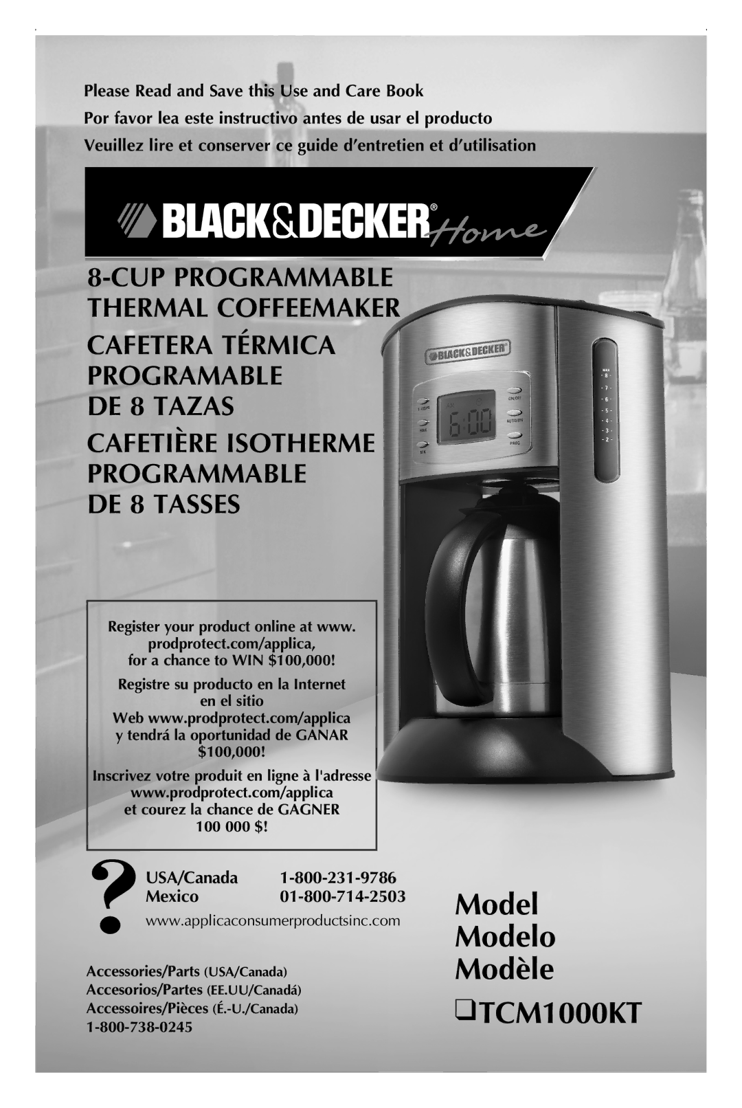 Black & Decker manual Model Modelo Modèle TCM1000KT, Please Read and Save this Use and Care Book, USA/Canada Mexico 