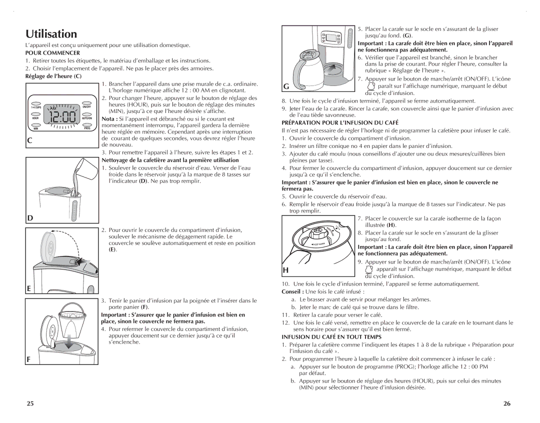 Black & Decker TCM1000KT Utilisation, Pour Commencer, Préparation Pour L’INFUSION DU Café, Infusion DU Café EN Tout Temps 